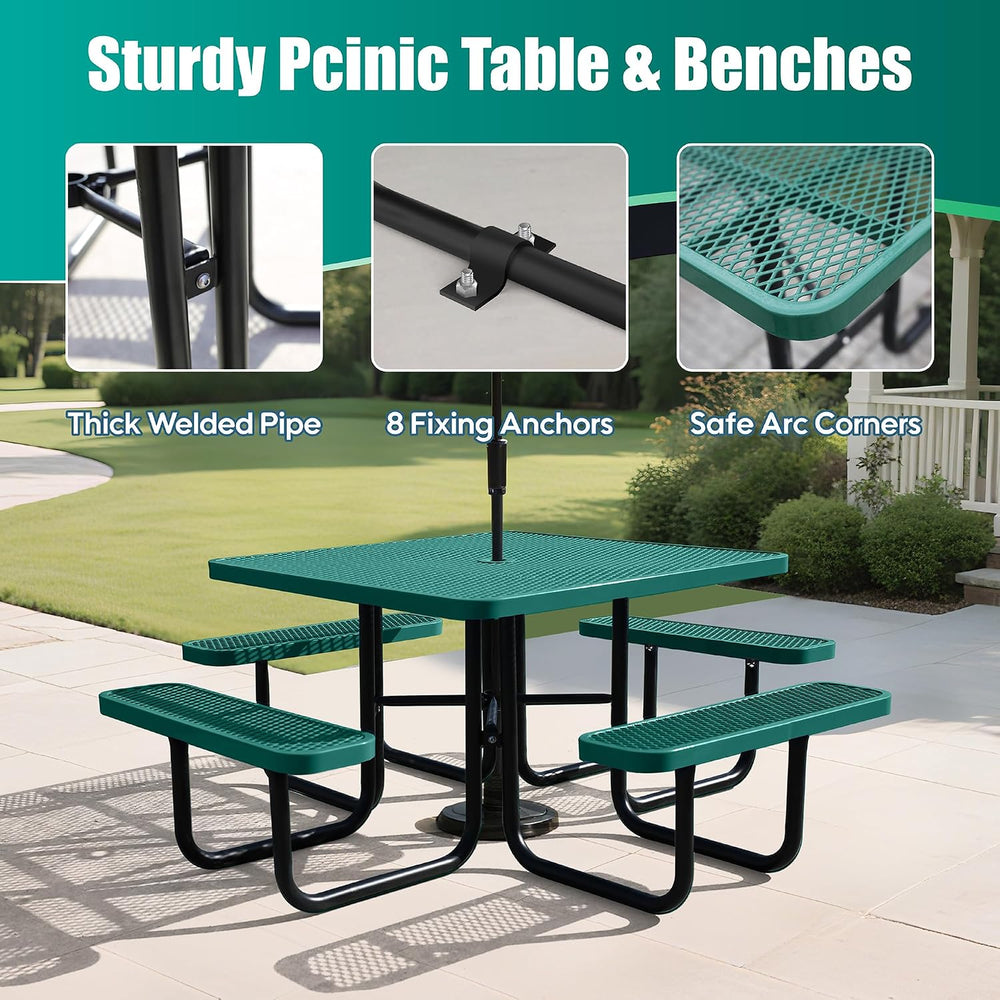 8-Person Picnic Tables for Outdoors, Industrial 46" Expanded Metal Squar...