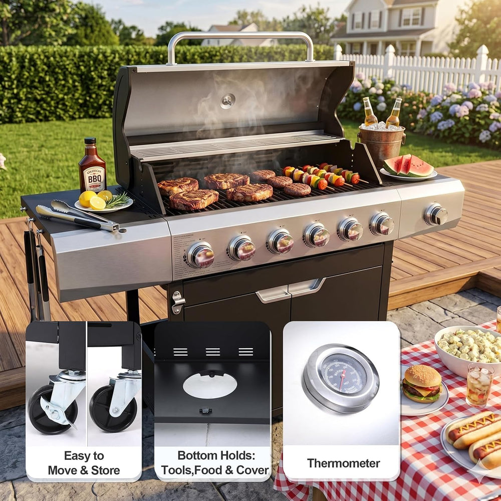 Endark 6-Burner Propane Gas Grill – 68,500 BTU Stainless Steel BBQ with Side ...