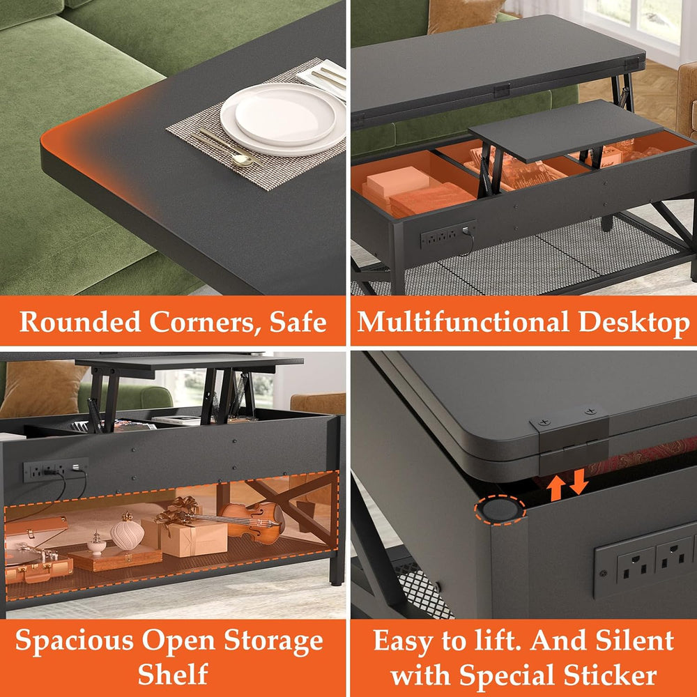 Aheaplus Lift Top Coffee Table with LED Light,Power Outlet & Shelves- Black