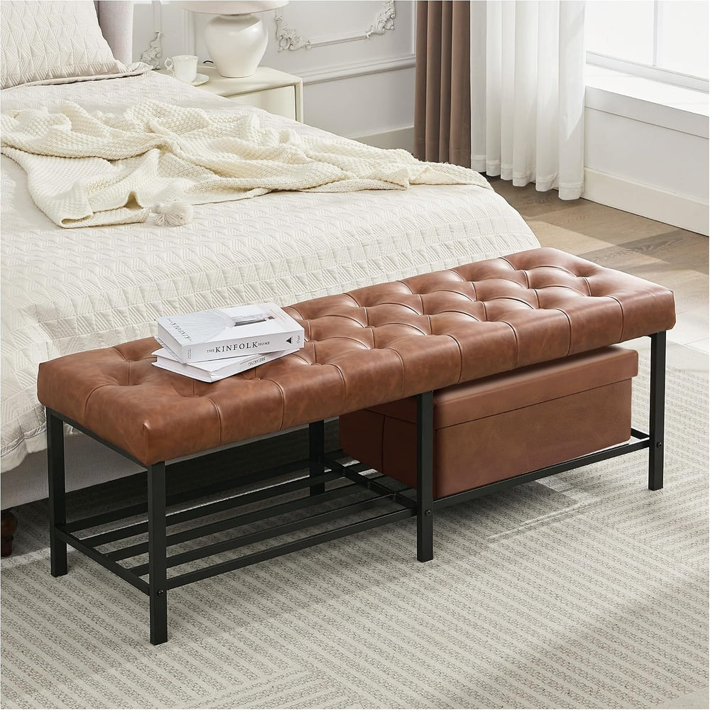 SOFTHION 55.5" End of Bed Bench, Faux Leather Entryway Bench, Brown