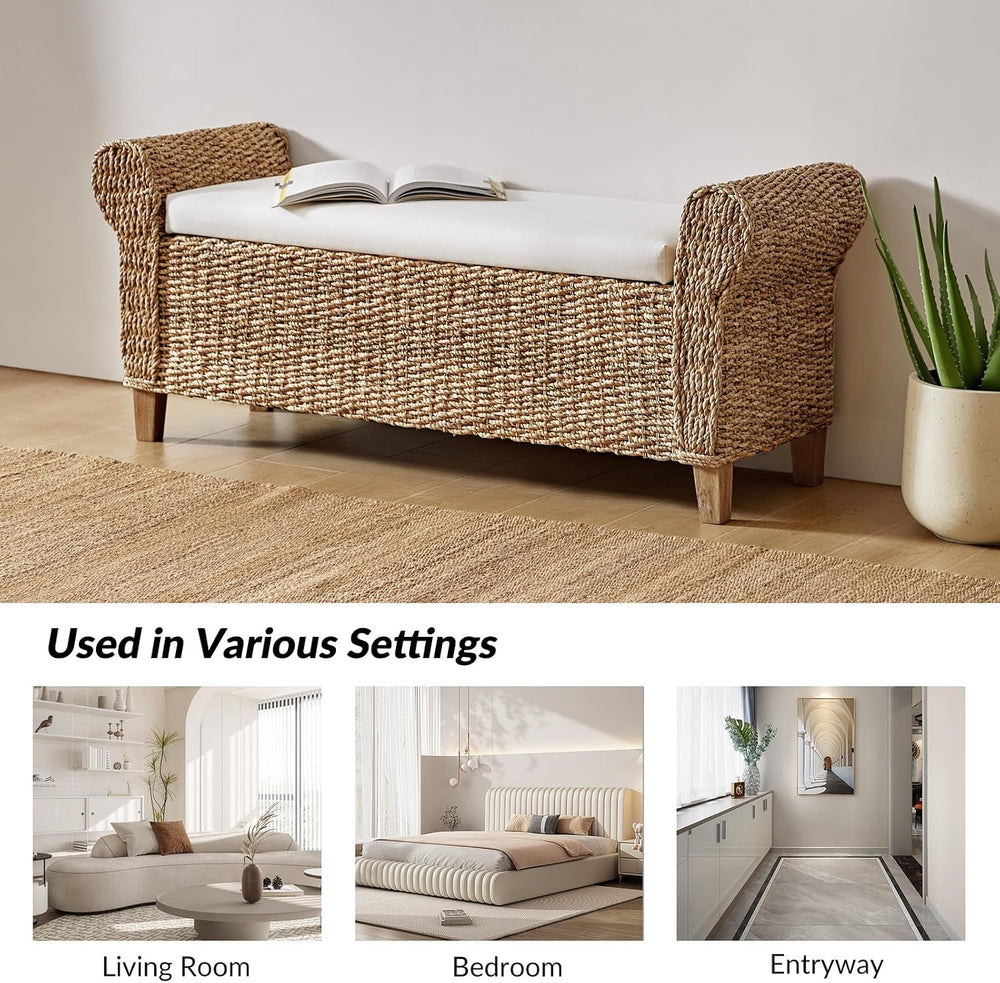 56" Rattan Storage Bench with Rolled Arms, Bohemian Farmhouse End of Bed...