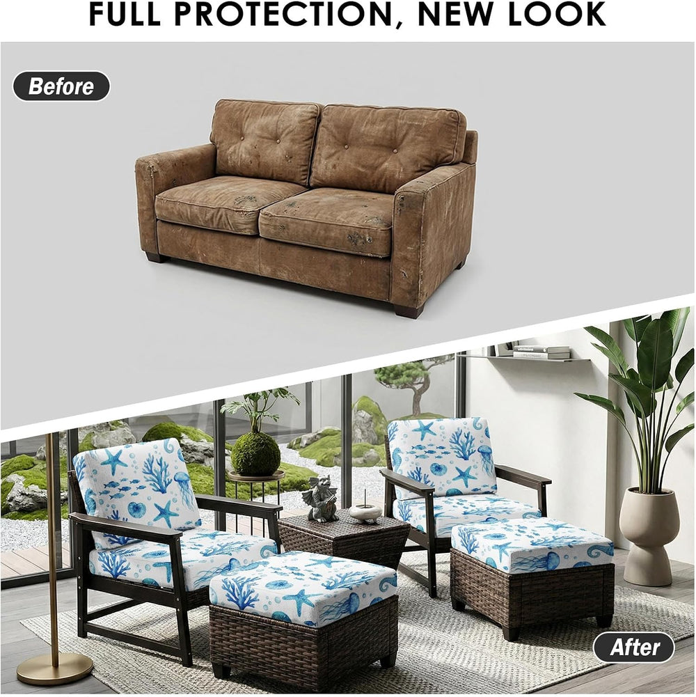 Patio Cushion Covers, 8 Pcs, Stretch, Outdoor, Coastal Marine