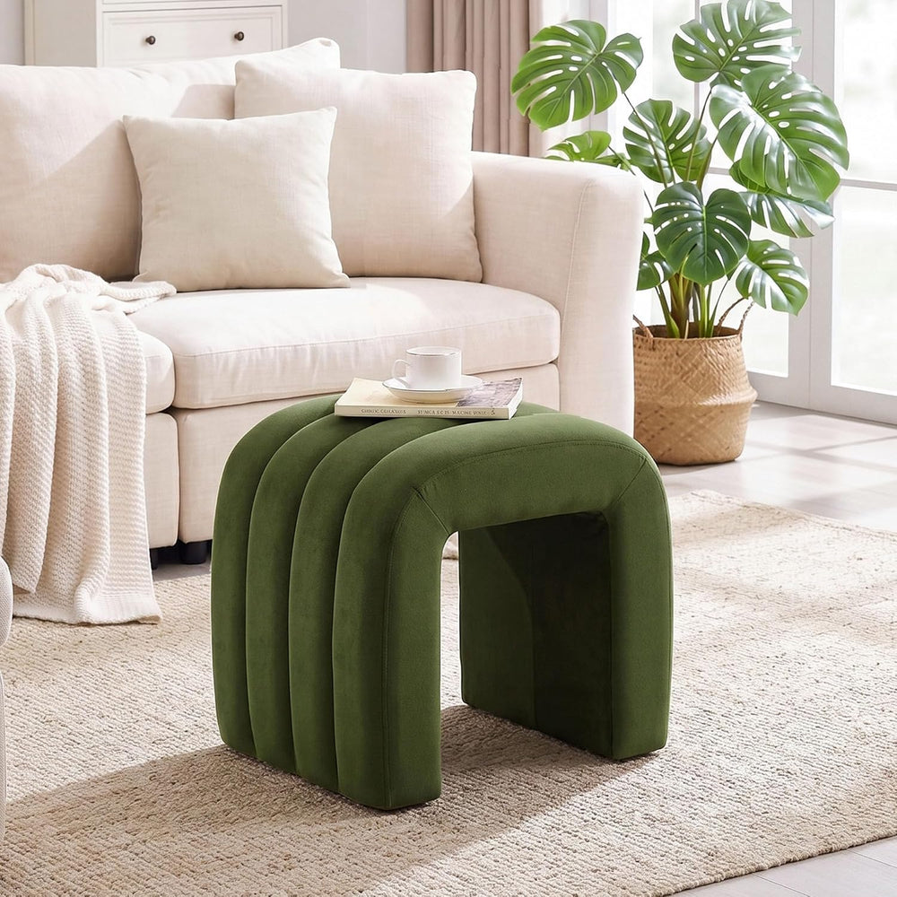 Olive Green Velvet Ottoman Stool, Small Vanity Stool