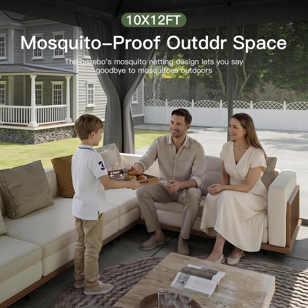 Aoxun 12'x10' Outdoor Gazebo with Mosquito Netting and Privacy Curtains