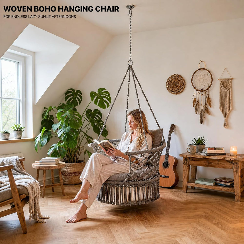 Athena Collection Macrame Hammock Chair with Mounting Hardware Kit, Gray