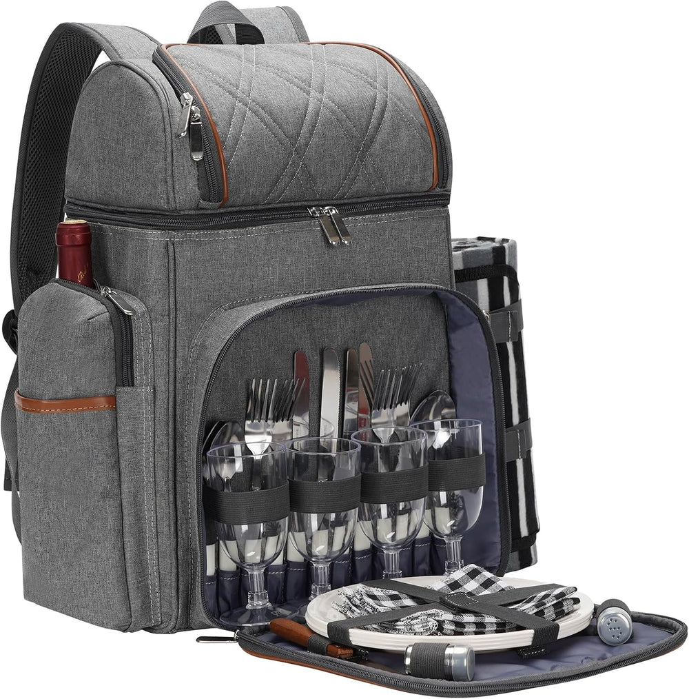 Picnic Backpack for 4, Insulated Cooler Bag with Blanket, Grey