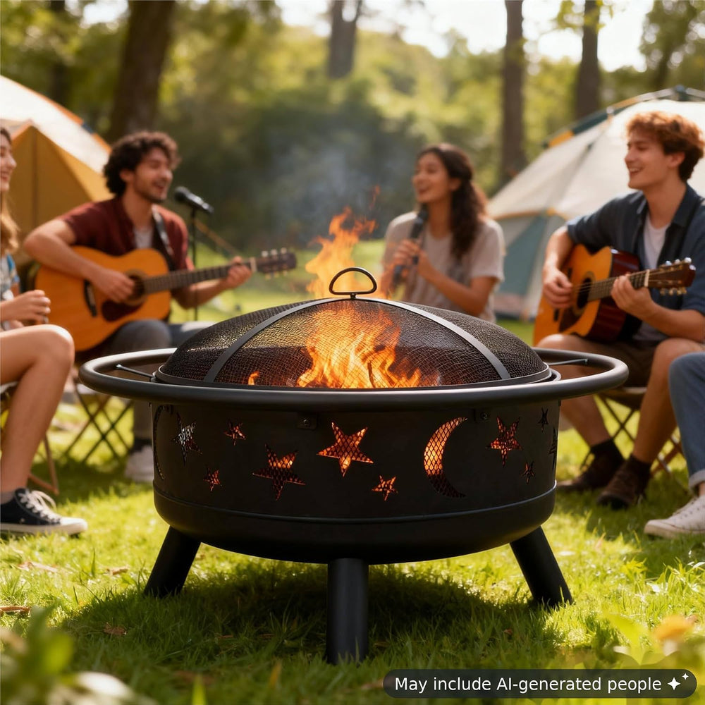 38-Inch Round Wood-Burning Fire Pit with Mesh Cover and Poker