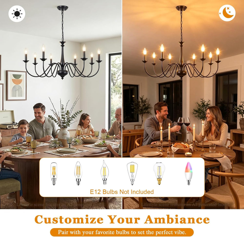 35" Farmhouse Chandelier, 8-Light Matte Black Classic Iron Candle Pendan...