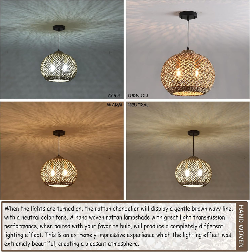 Boho Rattan Pendant Light Fixture 13.79" 2-Light Wicker Lights