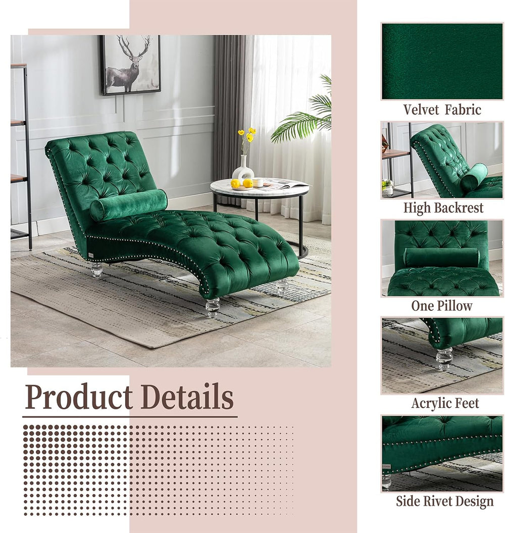 Chaise Lounge Chair Indoor Emerald Velvet Upholstered Button Tufted Chaise Lo...