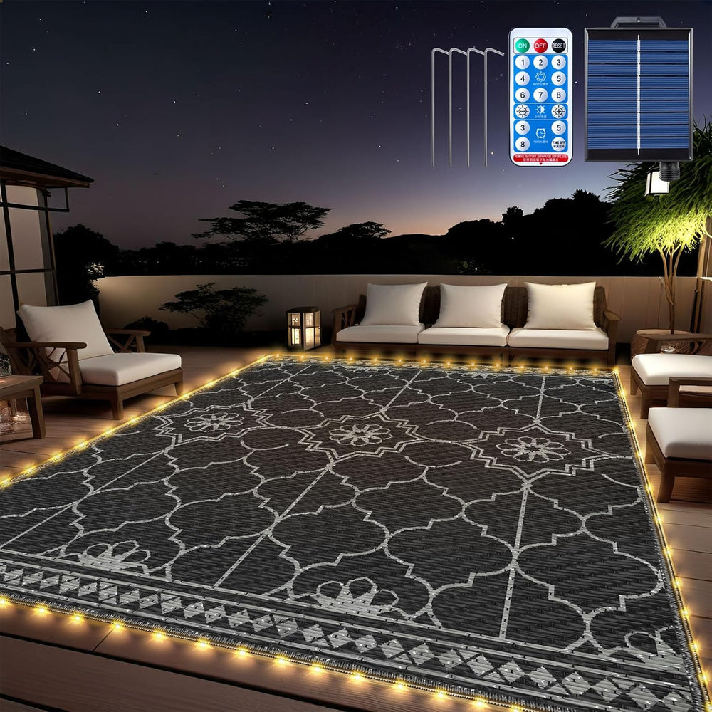 8x10Ft Outdoor Rug, Solar Powered Outdoor Rug with 113LEDs Strip Lights for H...