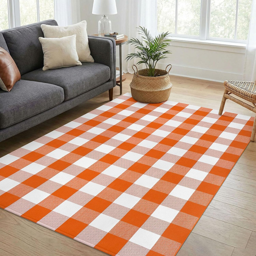 KOZYFLY Buffalo Plaid Rugs 4x6 ft Halloween Orange and White Front Door Rug