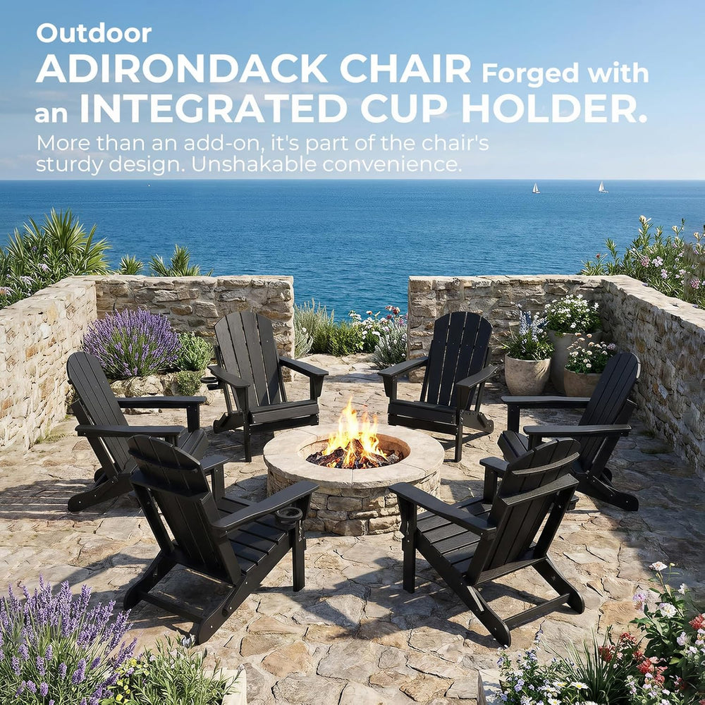 HDPE Folding Adirondack Chair, Outdoor Patio Chair with Cup Holder, Weather R...