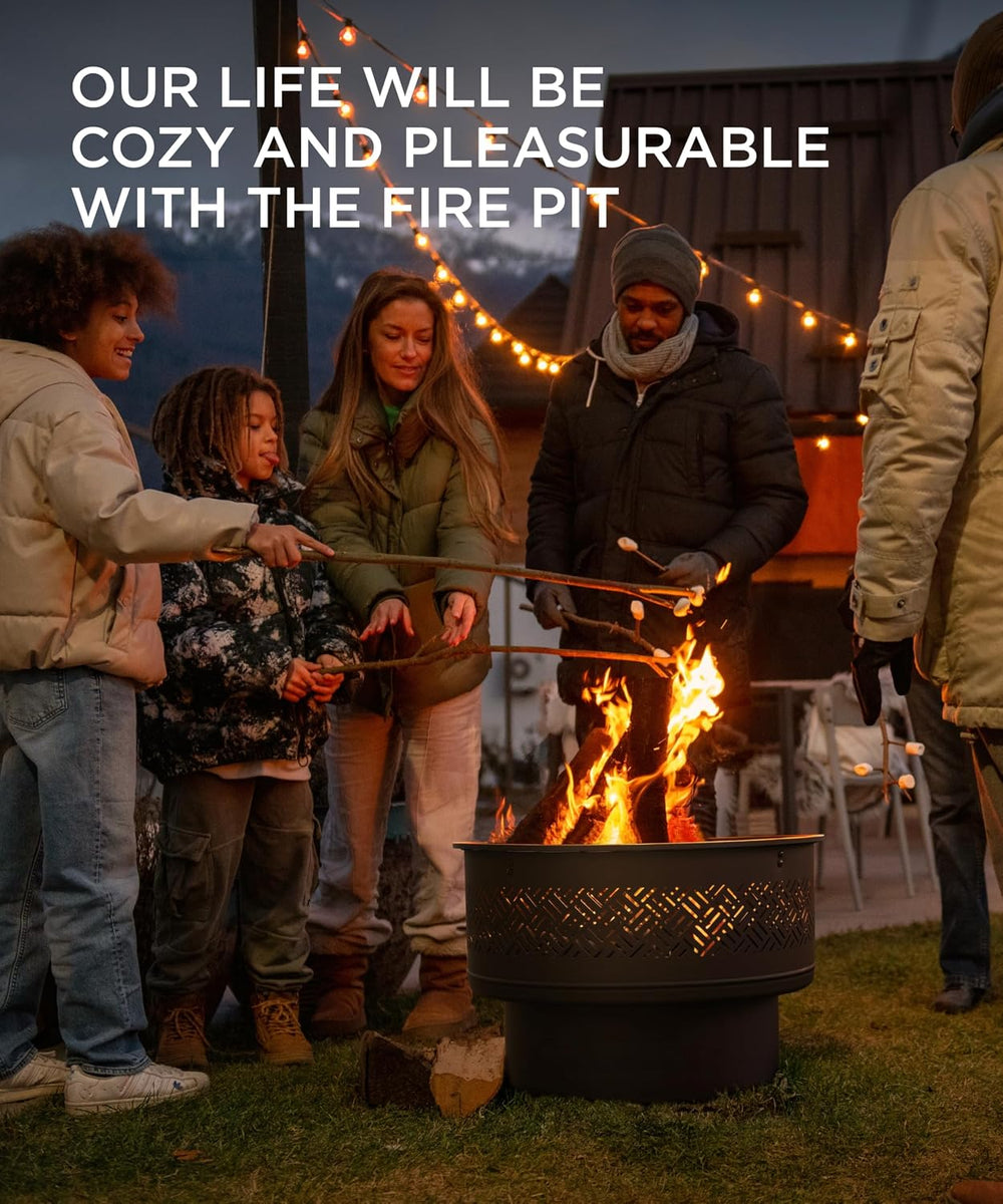 26 inch Fire Pit with Grill & Lid, Firepits for Outside Wood Burning Fire...
