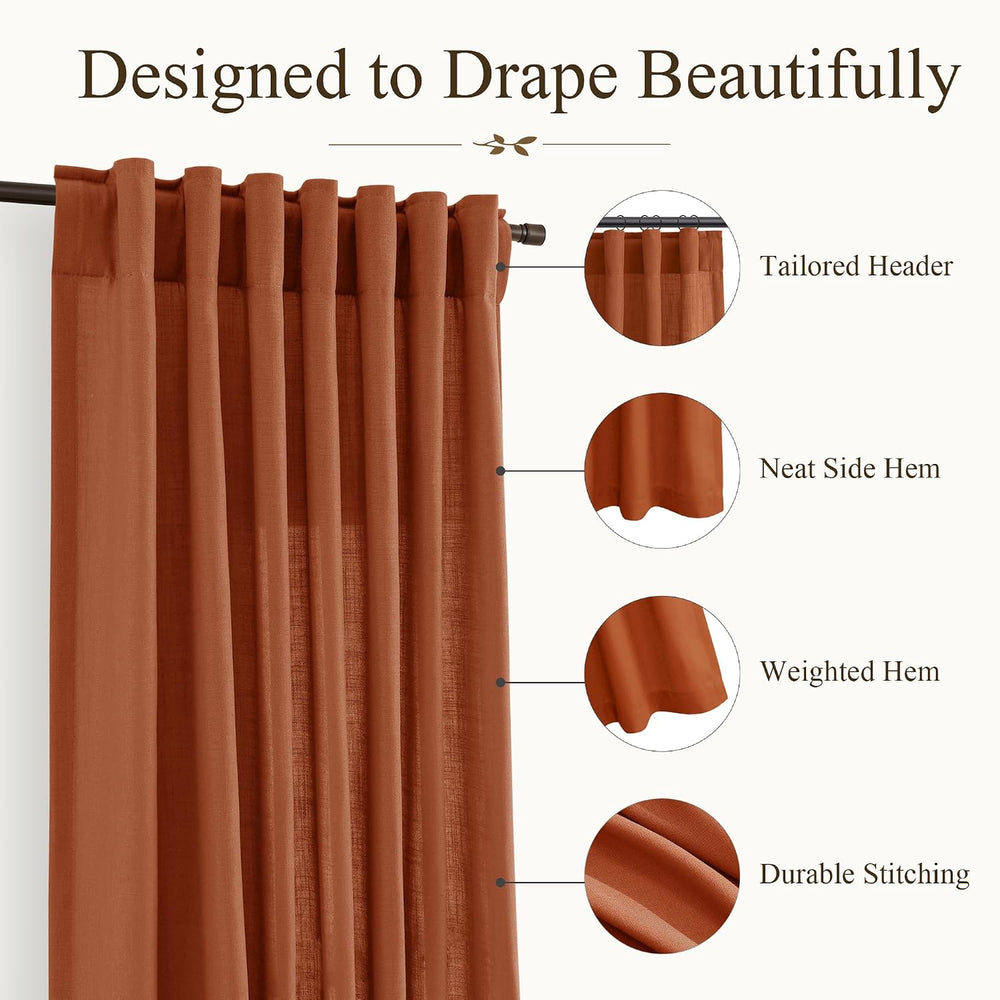 Jowels Terracotta Linen Curtains 102 Inches Long 2 Panels for Living Room