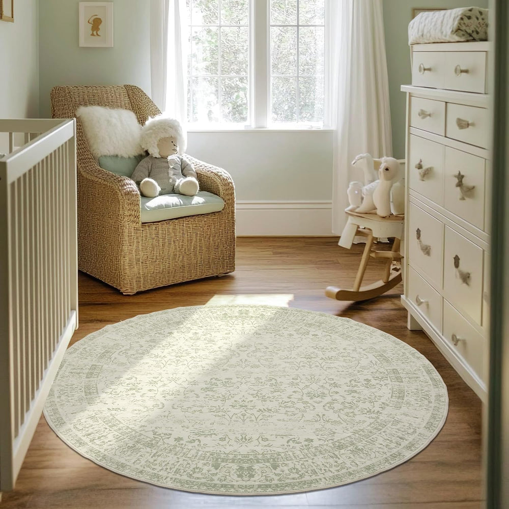 Sage Washable Rugs for Living Room Vintage Floral Patterned 6x6 Area Rug
