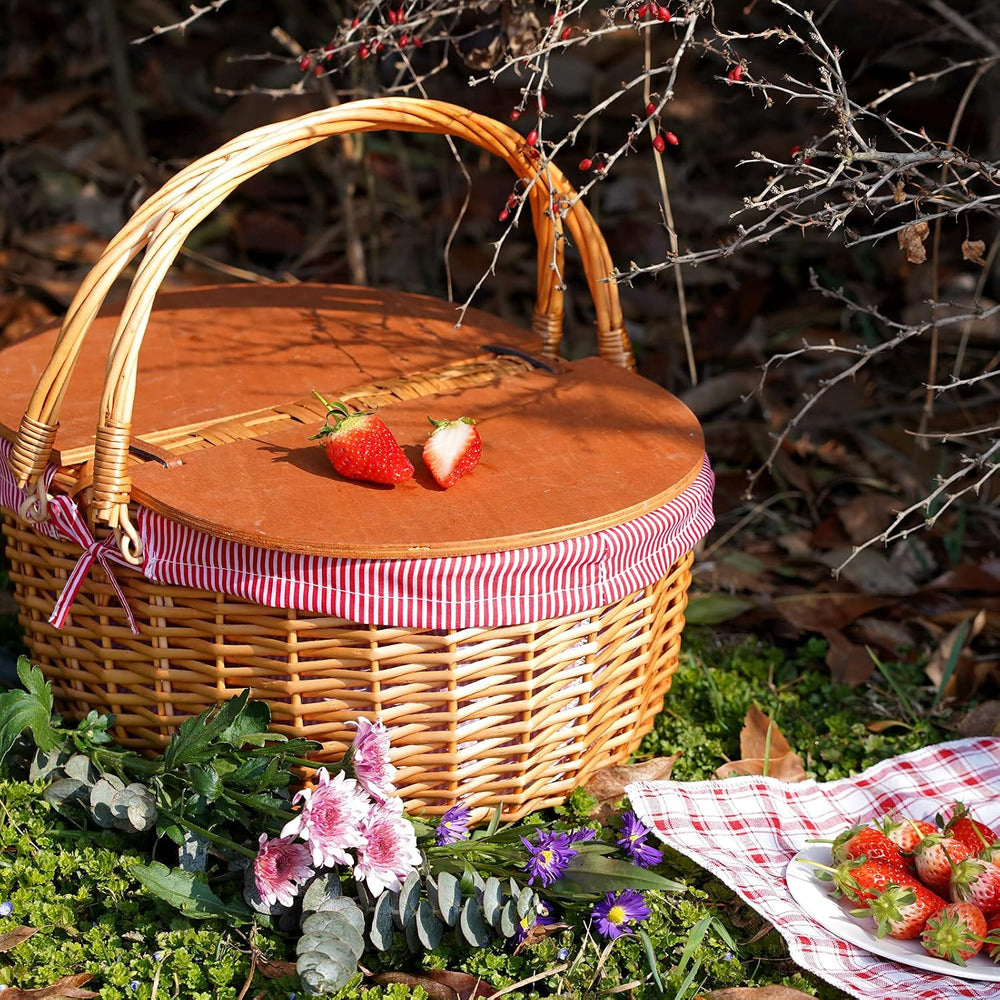 Wicker Picnic Basket with Liner, Wooden Split Lid Picnic Basket, Red