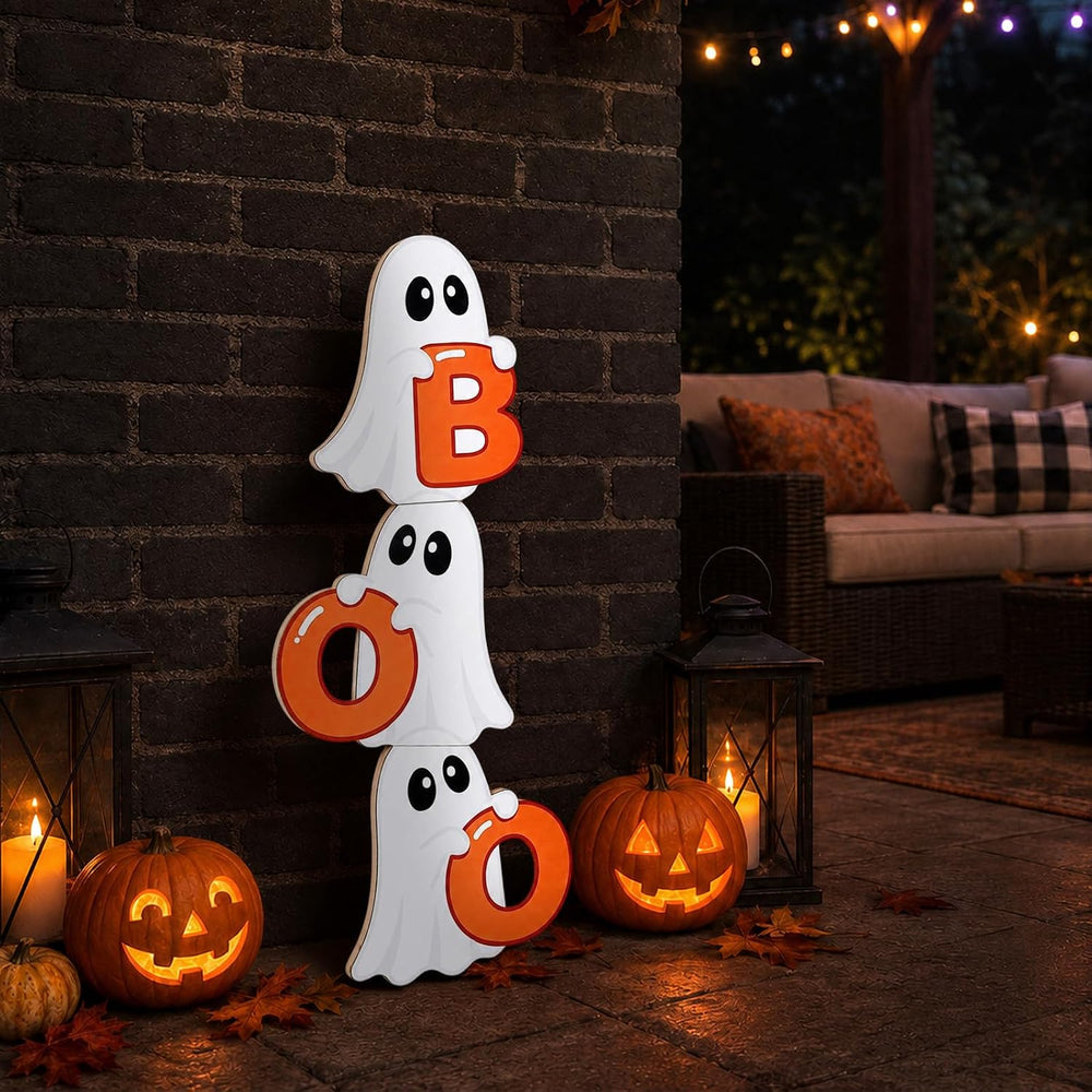 2.95FT Halloween Porch Sign, Wood Ghost Boo Sign for Front Porch