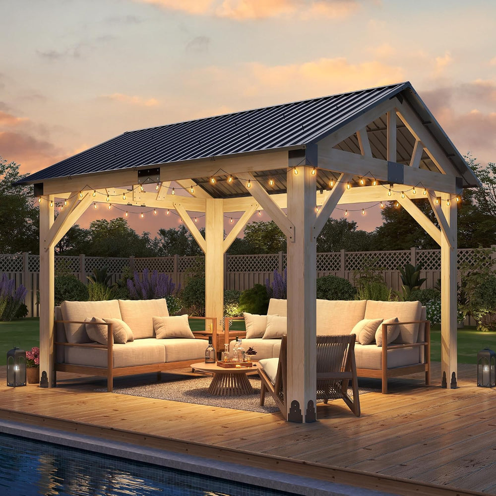 Outdoor Wood Gazebo 10'x12', Hardtop Gazebo Permanent Wooden Pavilion...