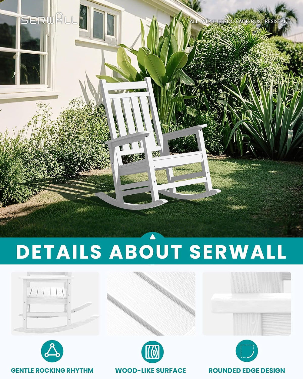 SERWALL Outdoor Rocking Chair Set of 4, HDPE Rocker for Adults, White