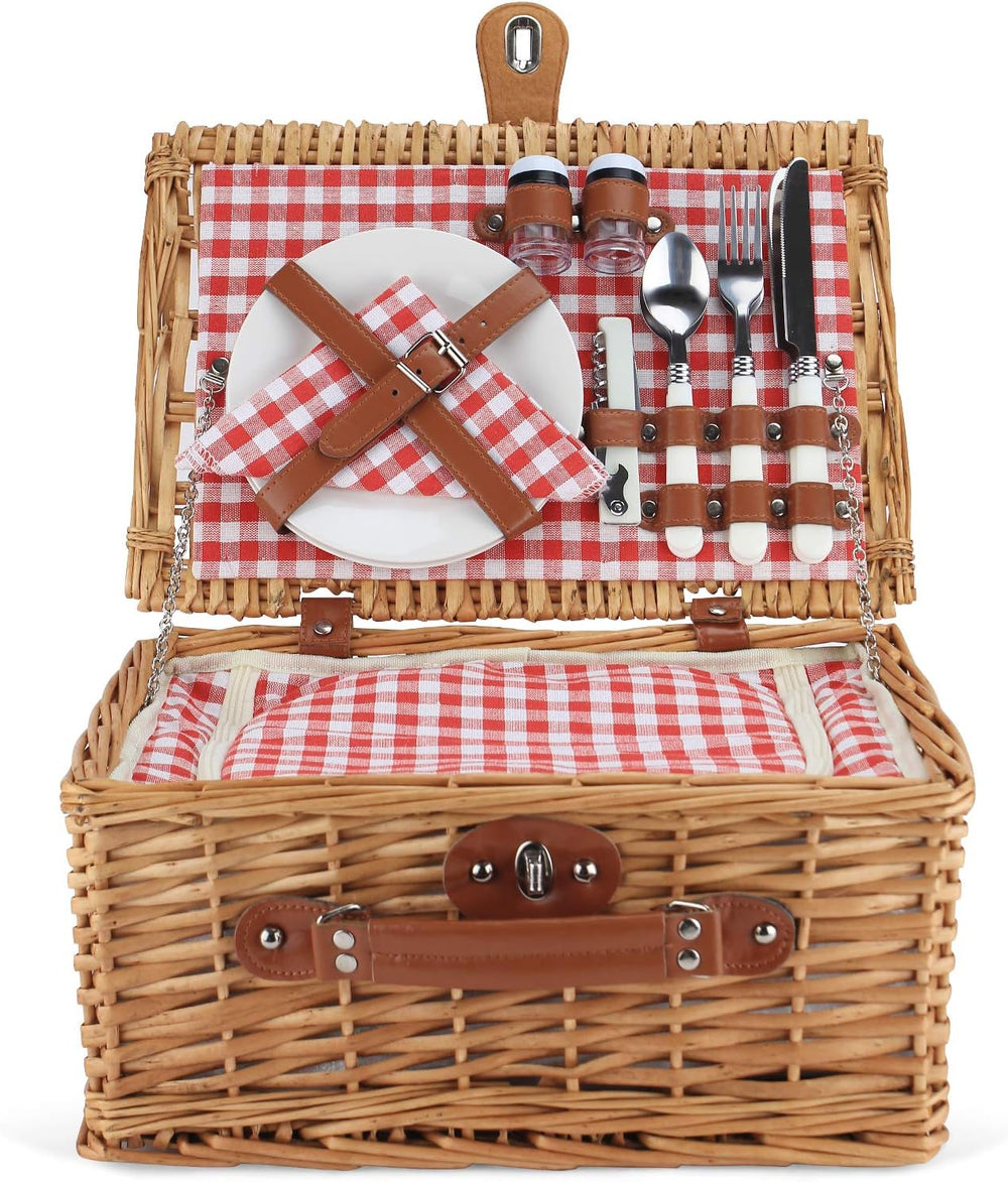 Wicker Picnic Basket for 2, Insulated Picnic Basket - Red Check