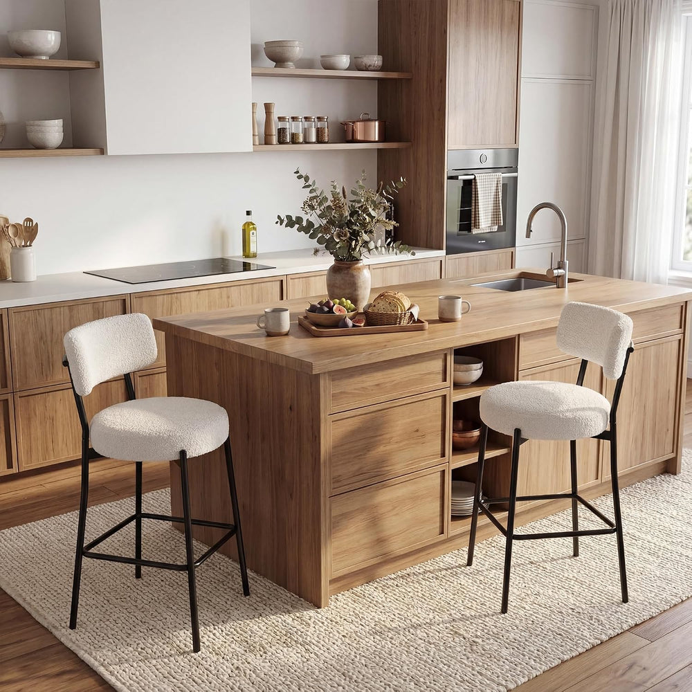 Bar Stools Set of 2, 26" White Boucle Fabric Kitchen Island Chairs