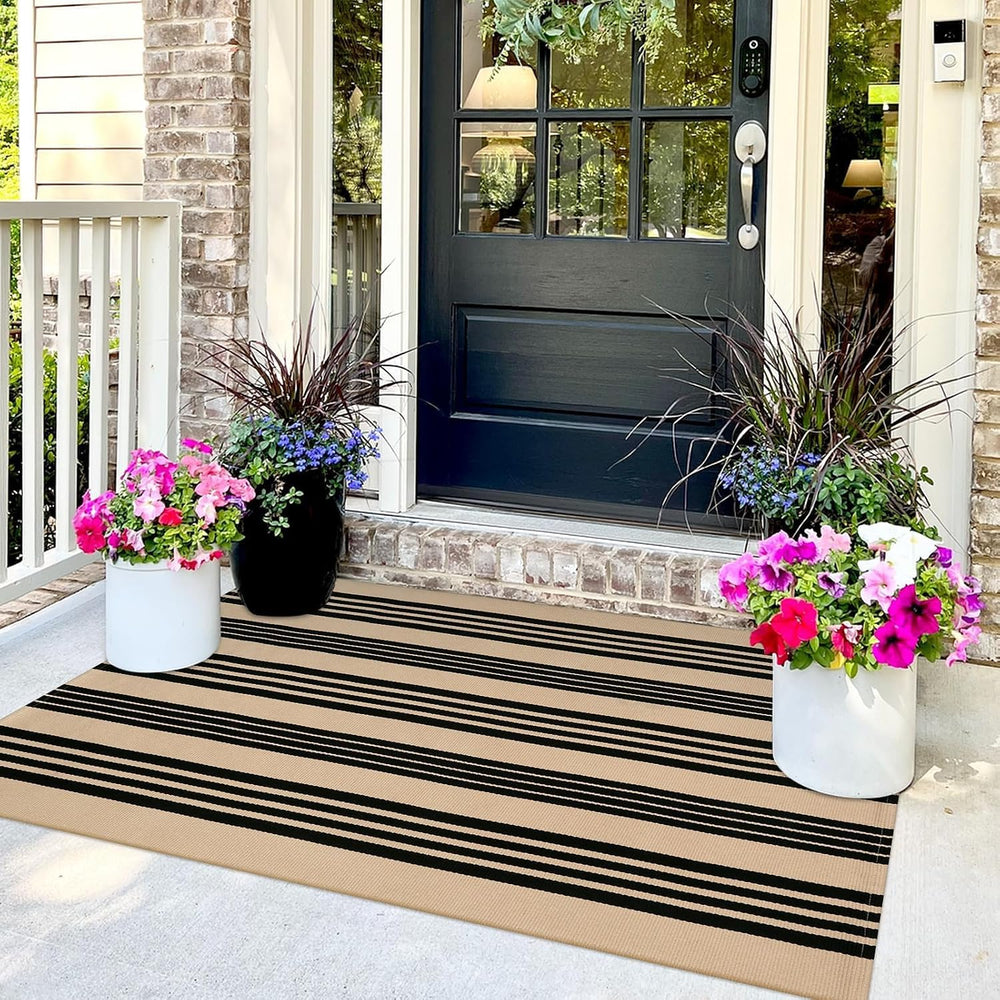 OJIA Outdoor Rug 3'x5', Black and Tan Patio Rugs Fall Door Mat Outside