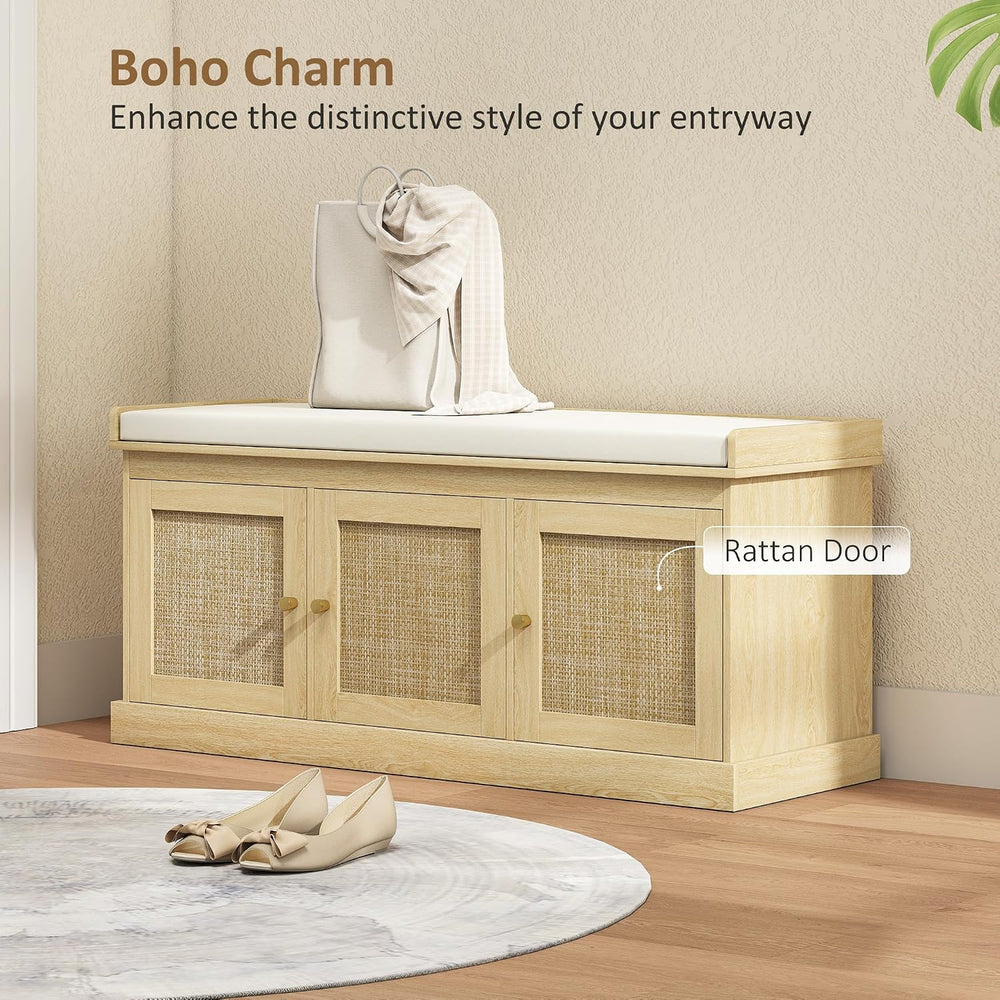 HOMCOM Shoe Bench Storage Rattan Doors 13.8 x 41.3 x 18.5 Inches Oak Tone