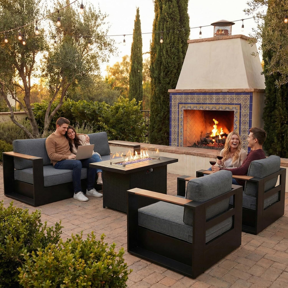 LayinSun 4 Pieces Aluminum Patio Furniture Set with Fire Pit Table