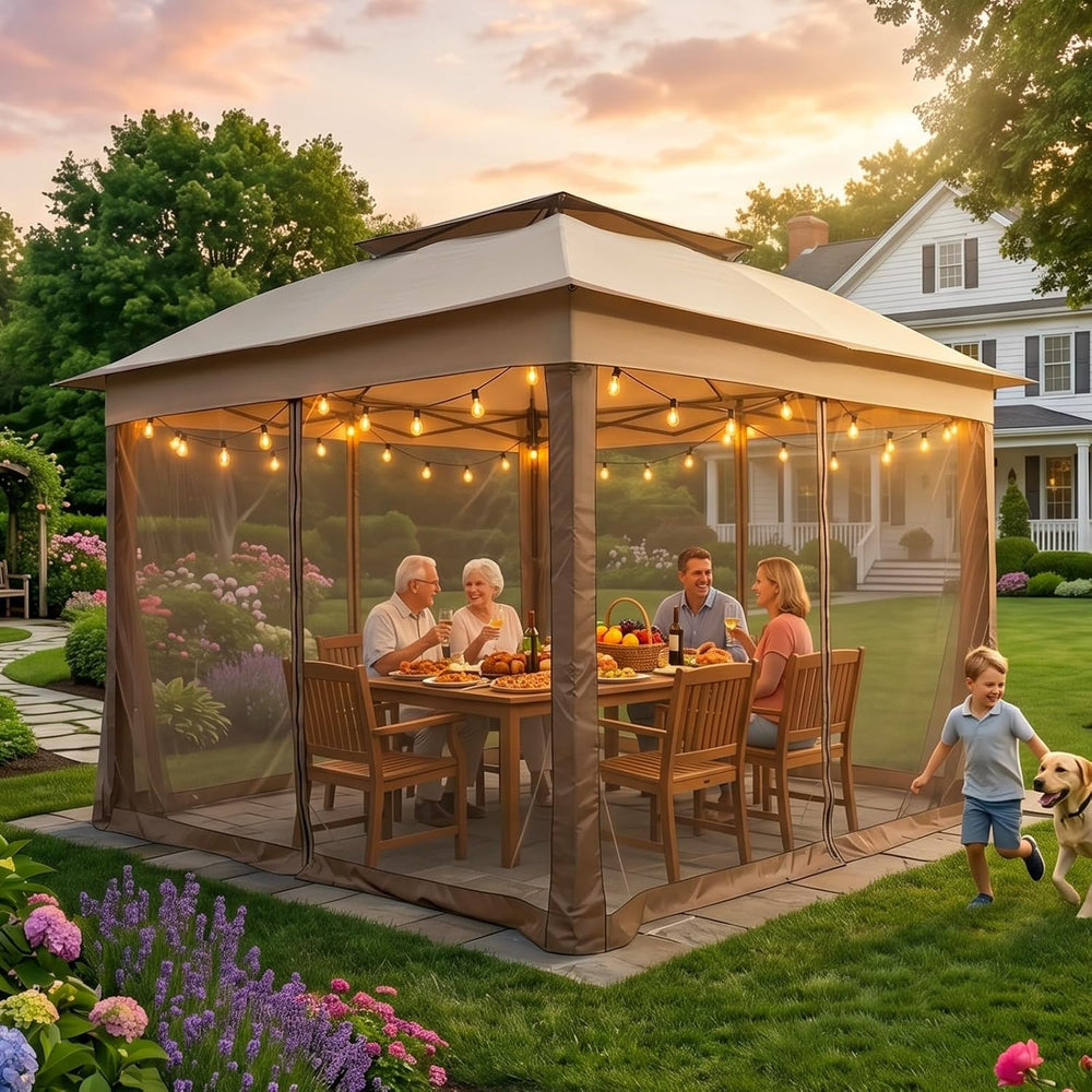 COOS BAY 11x11 Pop Up Gazebo with Netting, Canopy Tent, Beige