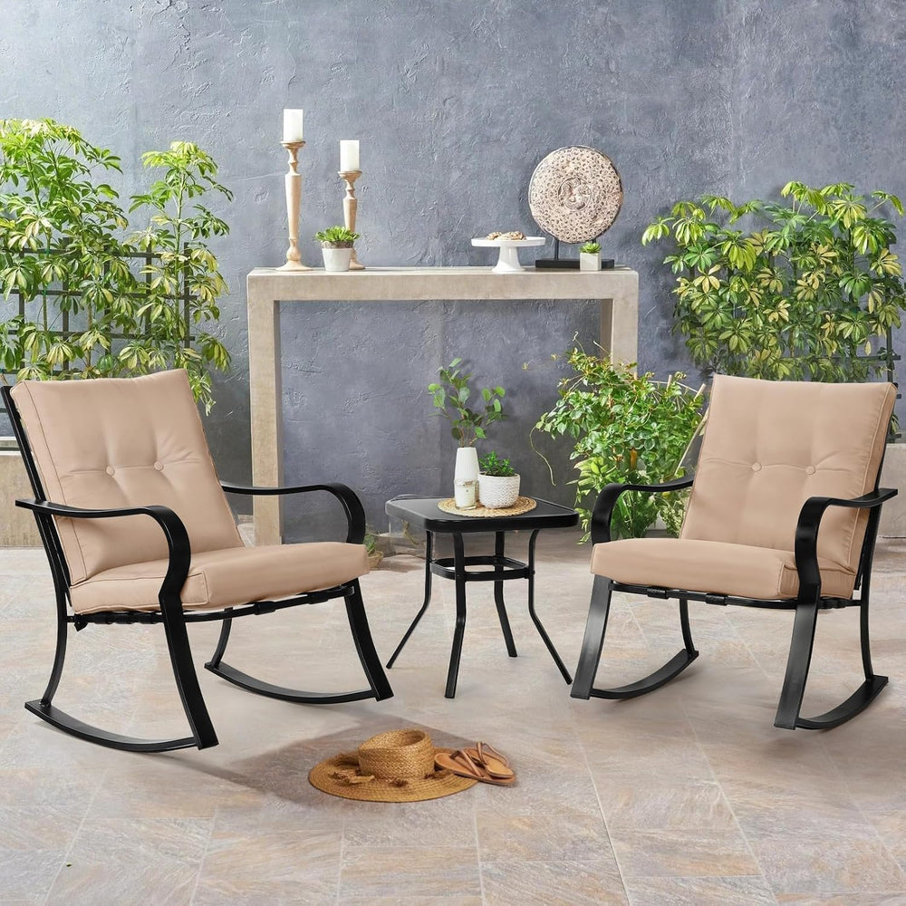 SOLAURA 3-Piece Outdoor Rocking Chairs Bistro Set, Black Iron Patio Furniture...
