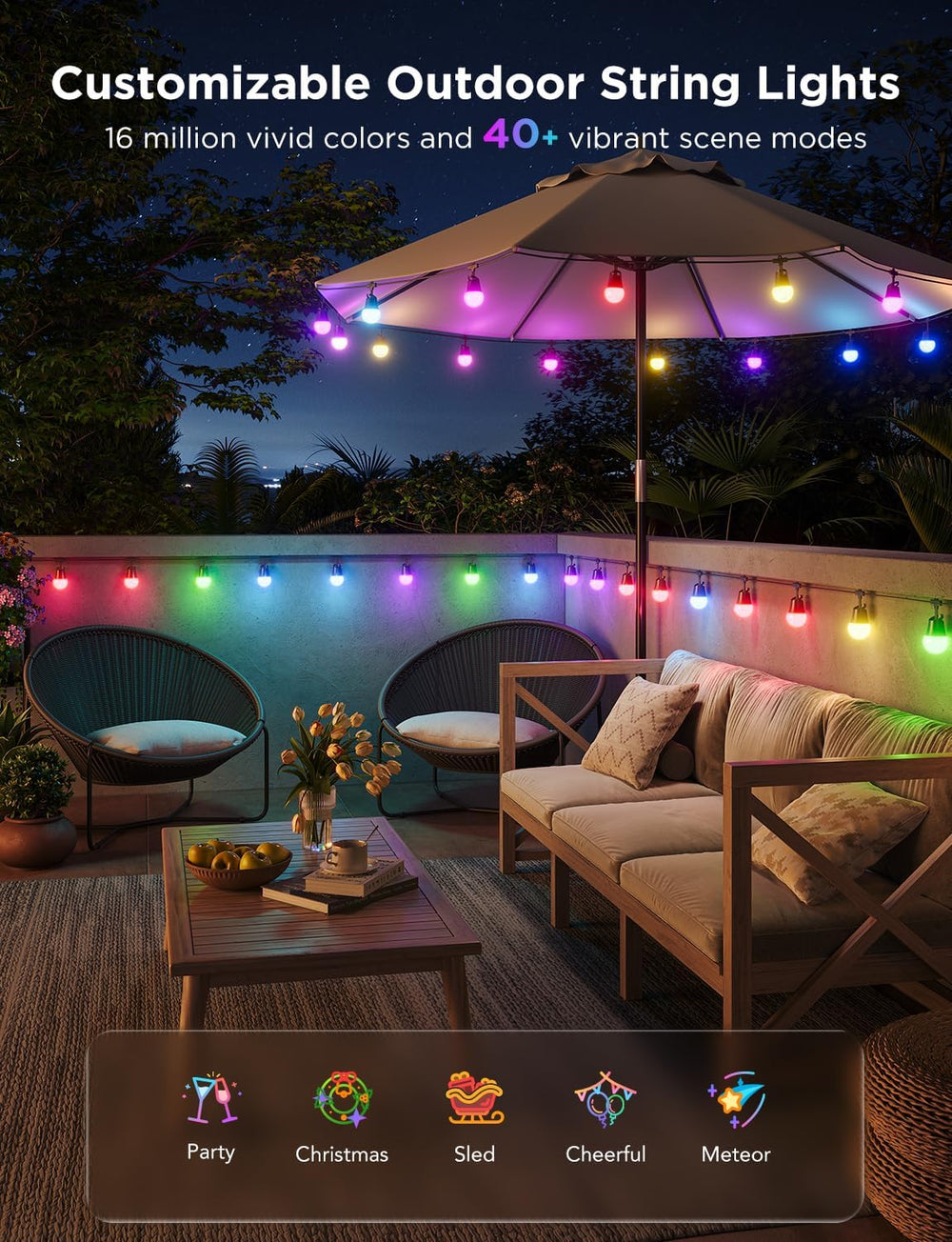 Govee Smart Outdoor String Lights 2, 144ft RGBIC Patio Lights with 45 Bulbs