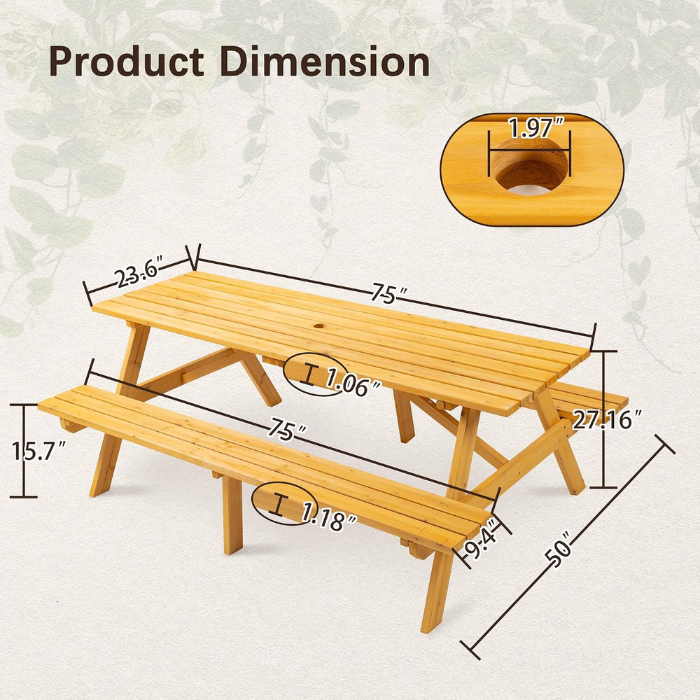 75" Rectangular Outdoor Picnic Table with Built-in Benches & Umbrell...