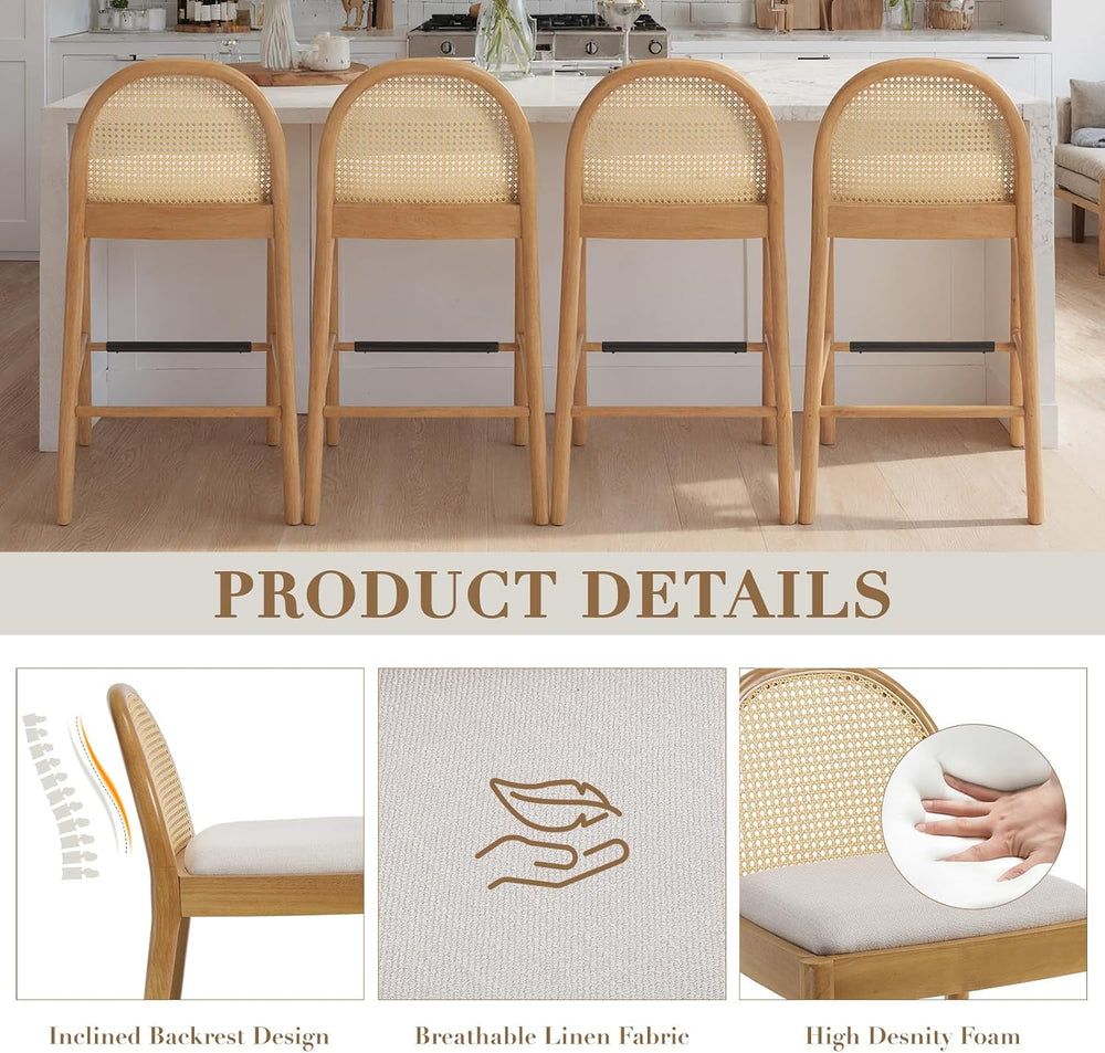 HEAH-YO Rattan Bar Stools Set of 4, 26 Inch Counter Height Bar Stools with Ba...