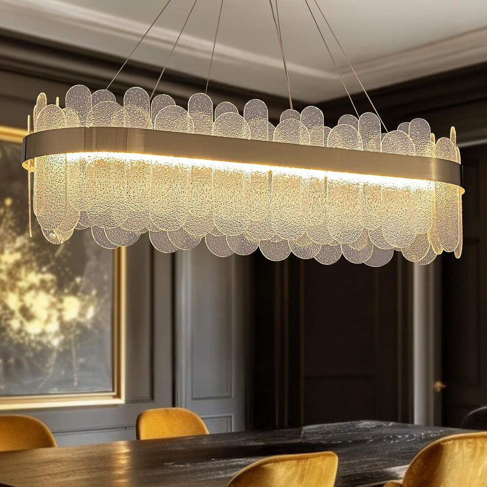 Gold Linear Chandelier, Modern Rectangle Glass Pendant Light Fixture with LED...