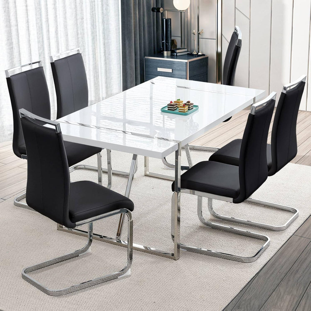 Ebullient Dining Table Set for 6，White Rectangular MDF Kitchen Table and Leat...