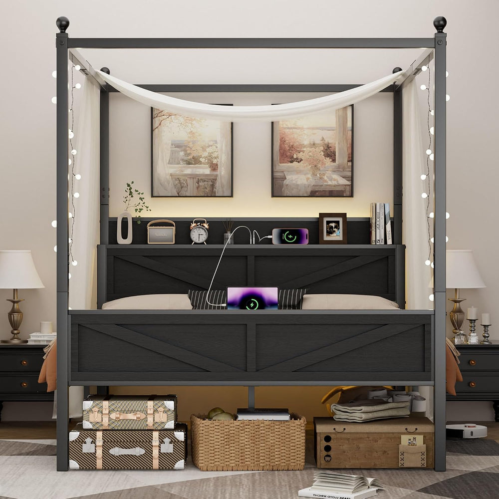 Canopy Bed Frame Full Size with Storage Headboard, Black