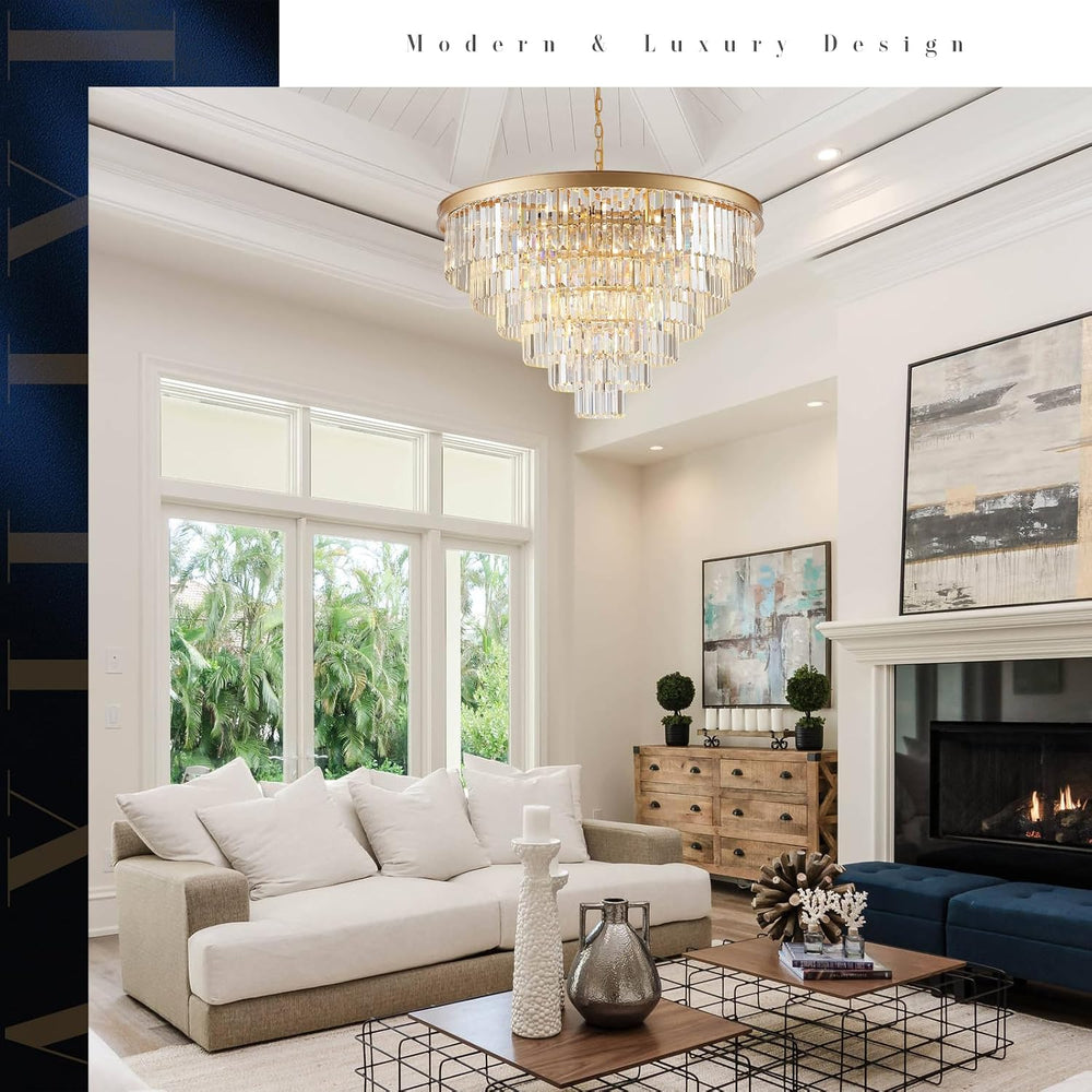 Modern Gold Crystal Chandelier 35”Large Chandeliers for High Ceiling Foyer