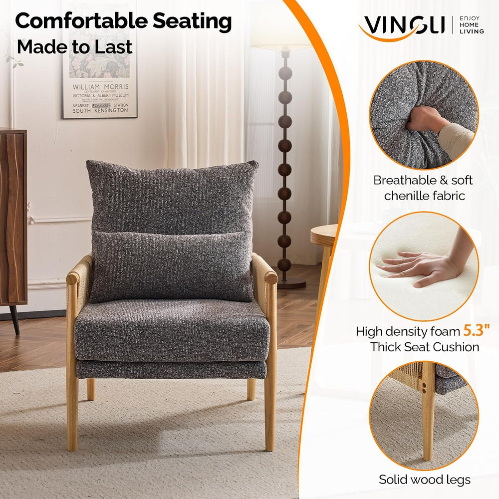 VINGLI Boho Braid Accent Armchair,Mid-Century Modern Chiar with Solid Wooden ...
