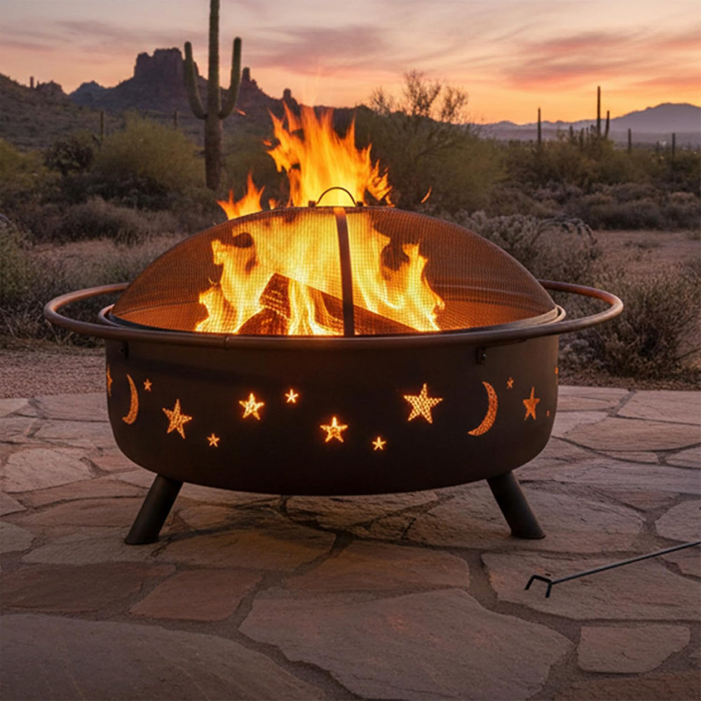 Sunnydaze Cosmic 42" Large Fire Pit for Outside Wood Burning, Round, Metal