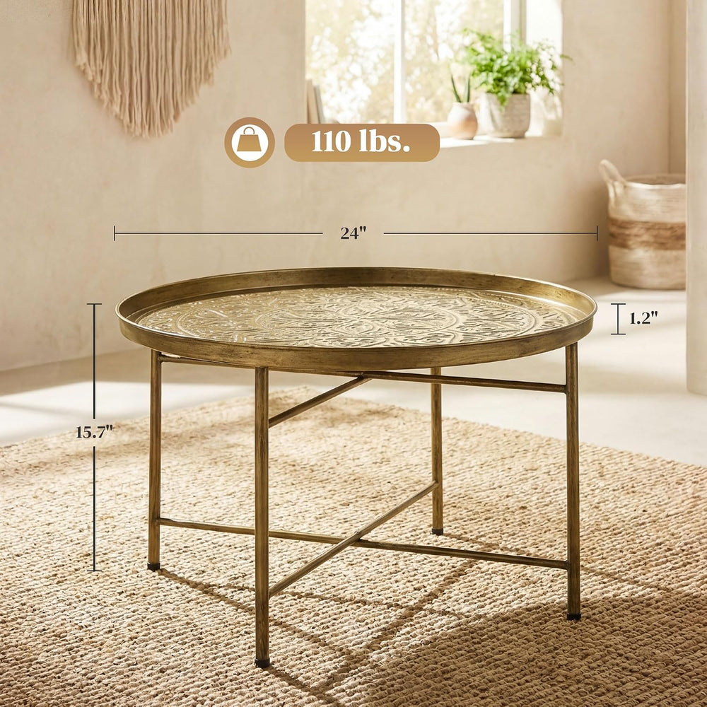 HOMCOM 24" Hammered Round Coffee Table Vintage Metal Side Table Gold