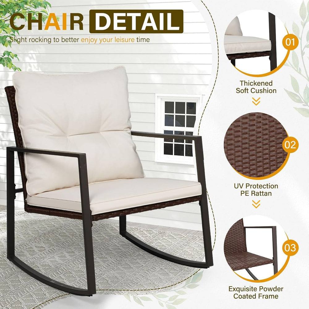 SUNCROWN 3 Piece Outdoor Rocking Bistro Set Brown Wicker Furniture Porch Chai...