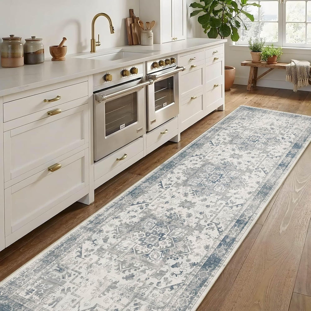 Rugxara 2'6" x 8' Blue Vintage Runner Rug for Hallways Kitchen