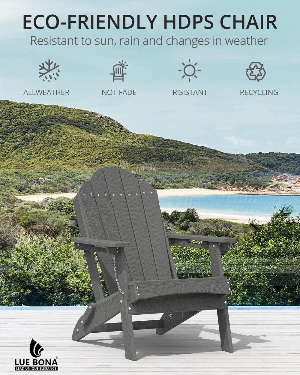 LUE BONA Folding Adirondack Chair, Cup Holder, Woodgrain, Fire Pit, Patio, Po...