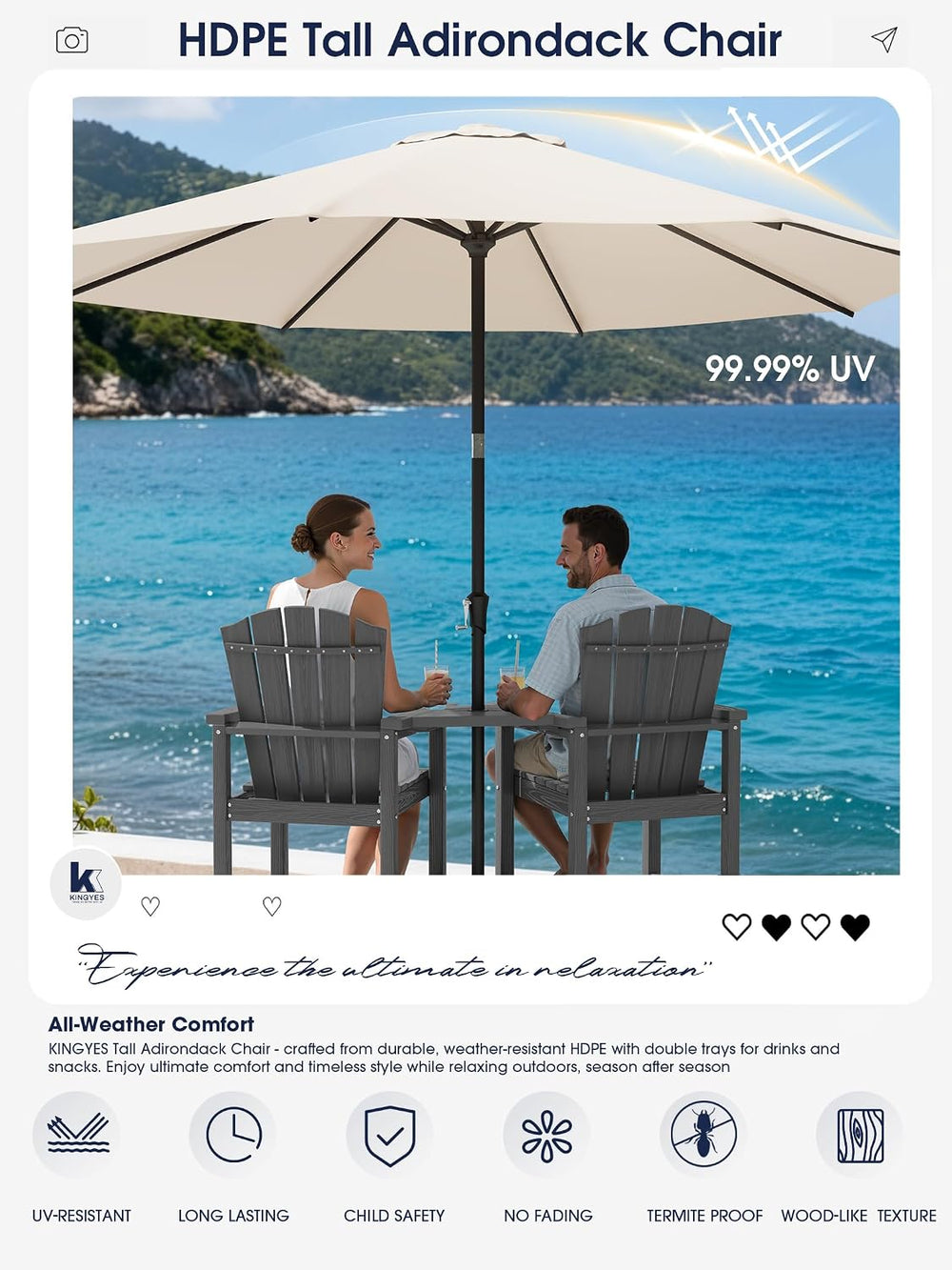 KINGYES Tall Adirondack Chair Set of 2 with Double Connecting Trays, Gray