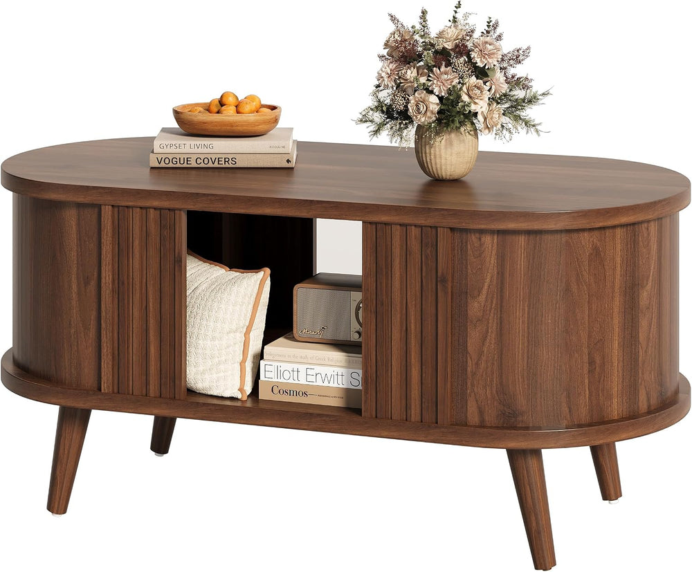 39.3" Oval Fluted Coffee Table with Storage, Fluted Mid-Century, Walnut