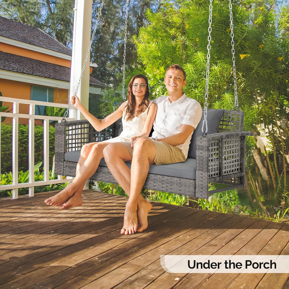4FT Wicker Porch Swing for 2 Person, 800lb Capacity Outdoor Hanging Bench wit...