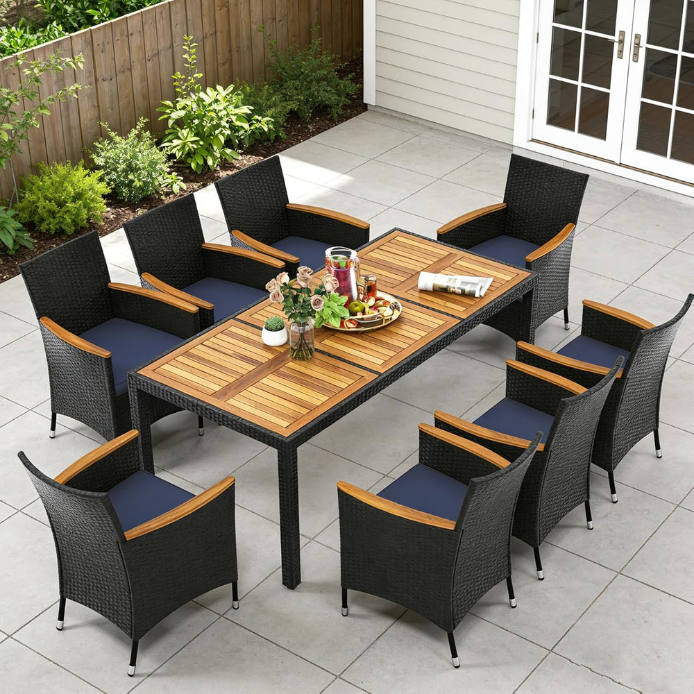 COSTWAY 9-Piece Patio Rattan Wicker Dining Set for 8 with Umbrella Hole