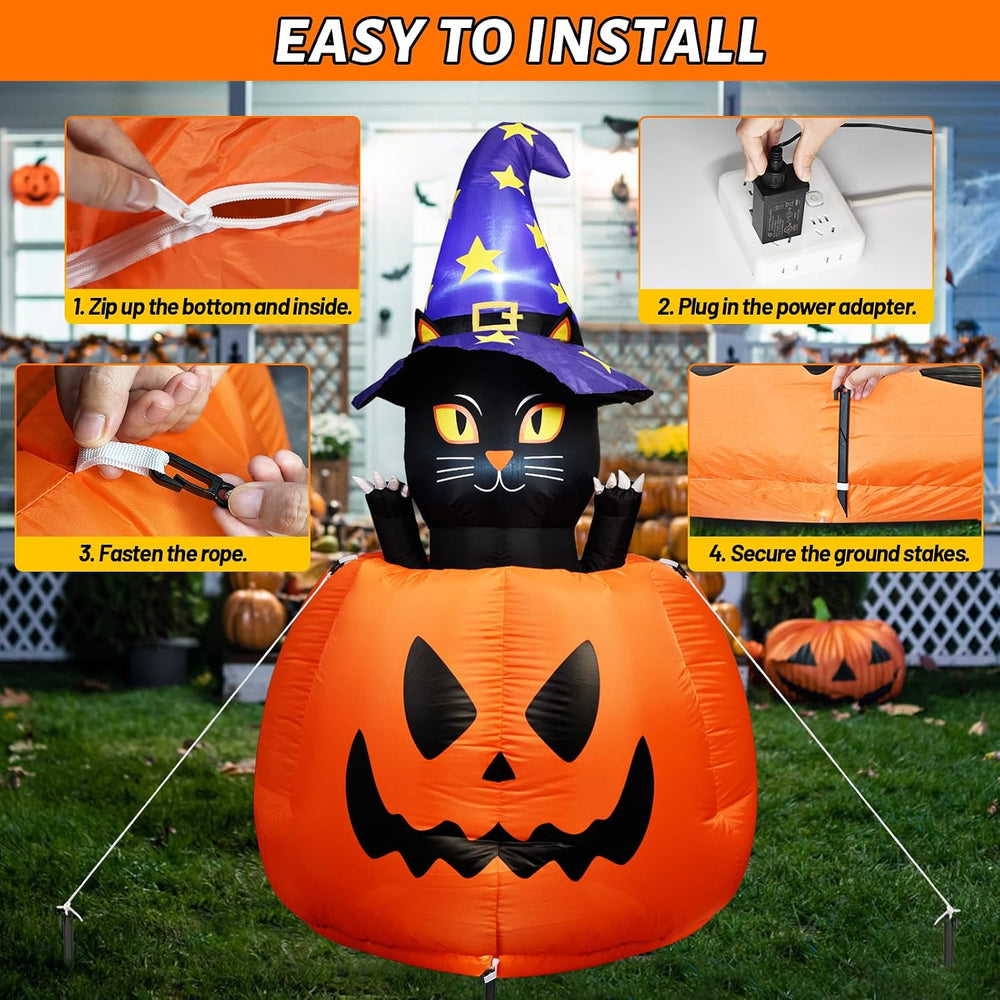 5.3 FT Halloween Inflatable Animated Witch Cat in Pumpkin, Blow Up Yard Decor...