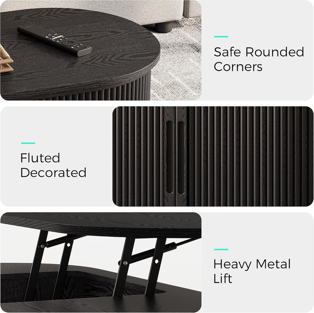LINSY Lift Top Coffee Table, Oval Fluted Coffee Table with Storage, Mid Centu...